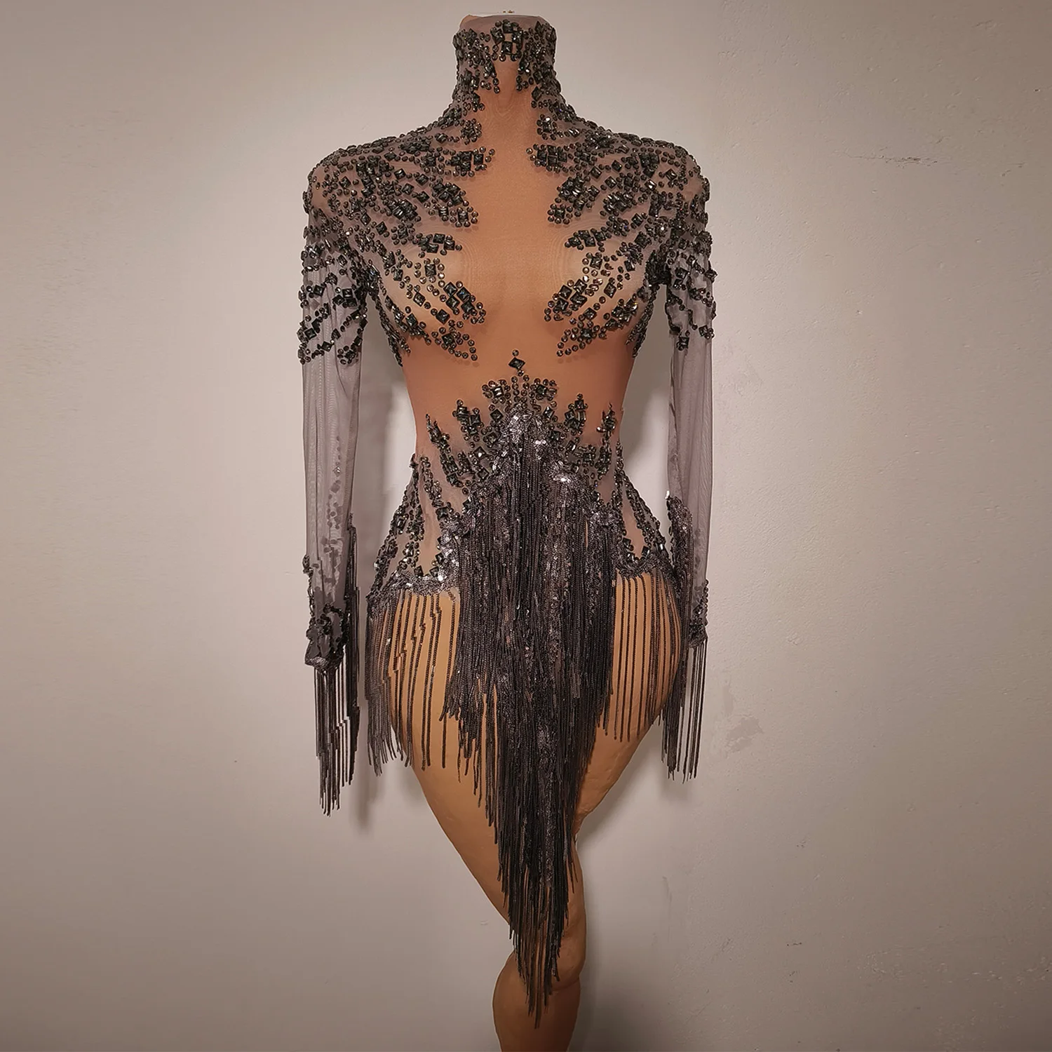 ชุดเดรสเต้นลาตินผ้าตาข่ายซีทรูคอสูงประดับคริสตัลสีเงินสำหรับผู้หญิง Tangshui ชุดจั๊มสูทแต่งขอบสำหรับงานปาร์ตี้ไนต์คลับ