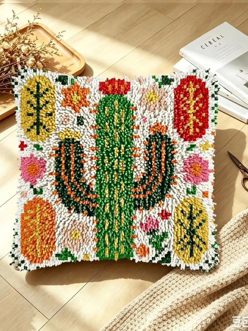 1 Set Kaktus-Garten-Knoten-Kissen-Set mit Häkelhaken, Kissenbezug-Set für Handarbeiten, Häkelhaken-Sets, DIY, anfängerfreundlich, Stickerei – Detail 1