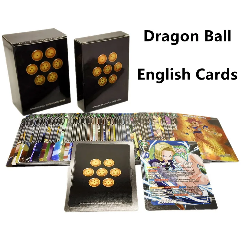 50 Uds 100 Uds Anime Dragon Ball Super tarjetas inglés Saiya Goku Vegeta tarjeta brillante juego de mesa juguetes para niños regalo para adultos