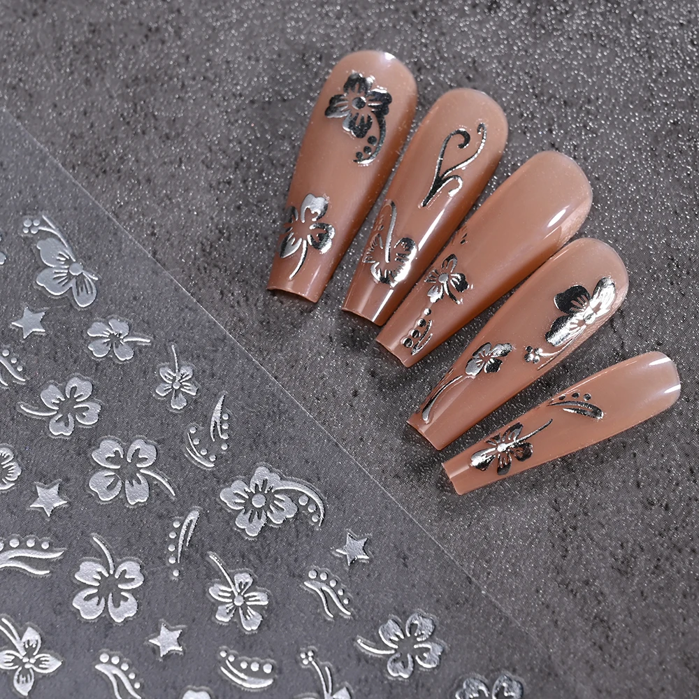 1Pc 히비스커스 꽃 3D 네일 스티커 화이트 블랙 꽃잎 잎 접착 데칼 실버 골드 꽃 DIY 슬라이더 네일 아트 장식