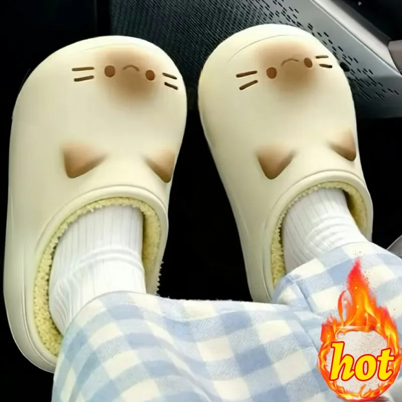 

Waterproof Plush Cat Paw Slippers for Women Men Winter Plush Fluffy Home Warmth Slipper Couple EVA Sole Cartoon Non-slip Slipper