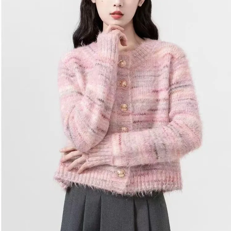 

Вязаные джемперы, кардиган с принтом, женский однобортный свитер с круглым вырезом и длинным рукавом, повседневное короткое пальто, свитера на пуговицах, осень 2025 г.