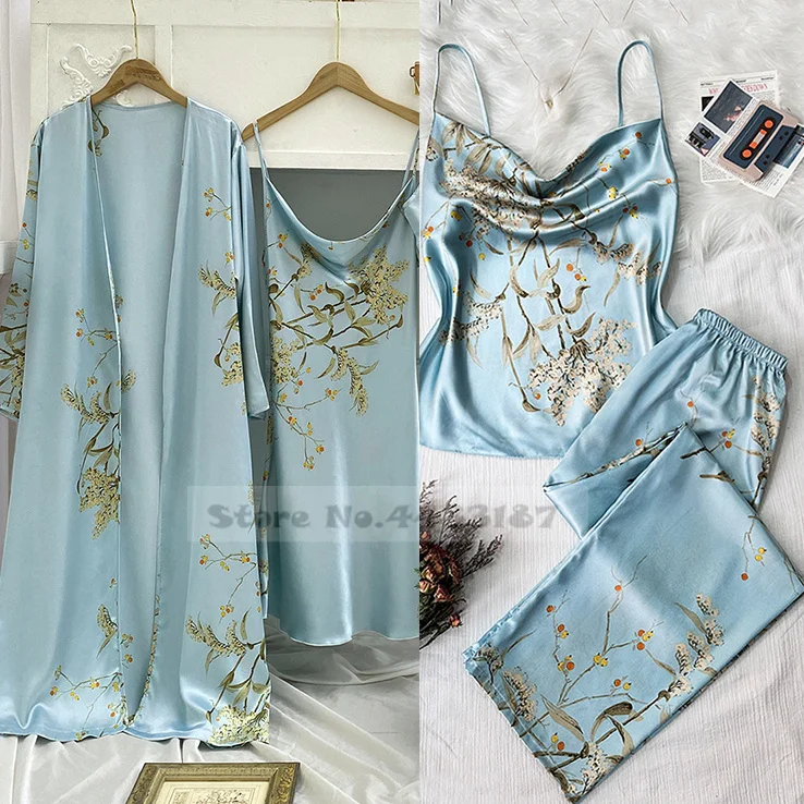 Spring Summer Female Pajama Four Piece Set Trouser Suits Print Flower Satin Kimono Bathrobe Gown Sleepwear Loose Casual Homewear