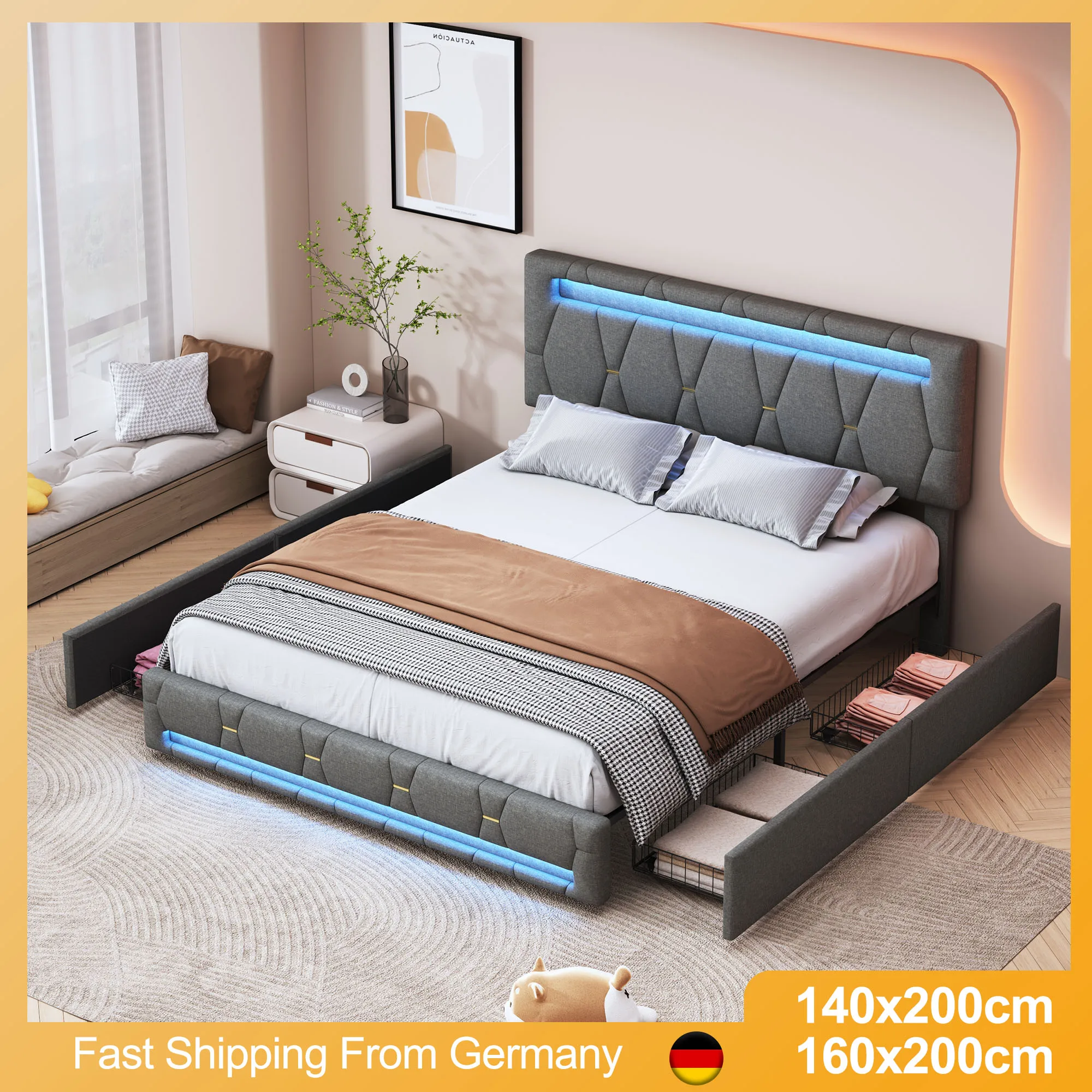 Single and Double Bed with RGB LED, Upholstered Bed with Adjustable Bedhead, Storage Bed with 4 Drawers, Box Spring, Linen, Grey