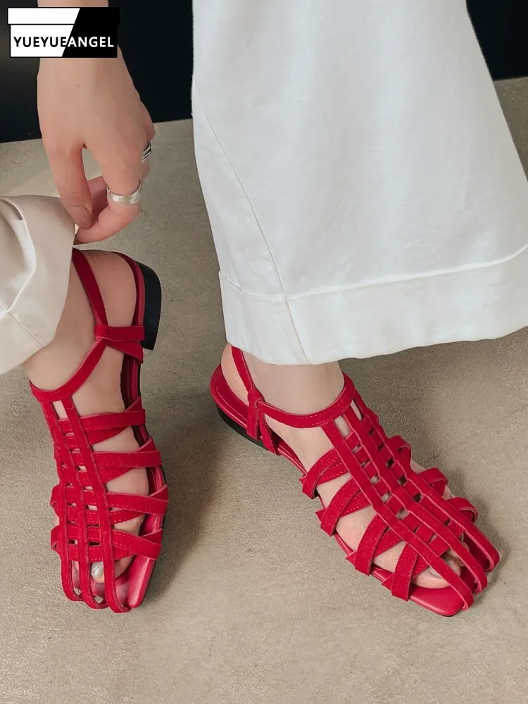 Vintage Women Summer Weave Hollow Out Gladiator Shoes Comfortable Flats Breathable Real Cow Suede Leather Sandals Buckle Strap