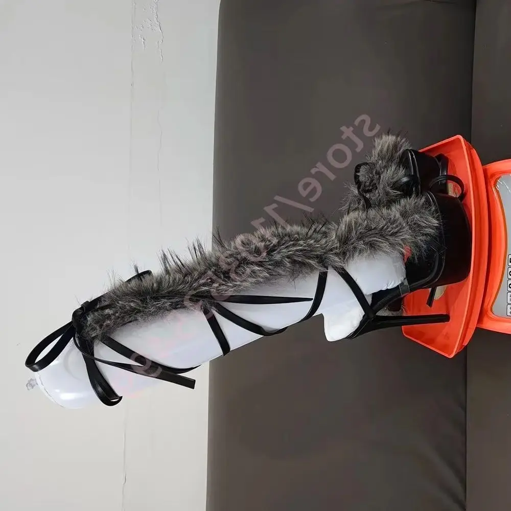 

Platform Gray Soft Fur Strap Boots 2025 Summer New Ins Style Sexy Ladies Hollow Catwalk Stilettos Fashion Party Casual Boot