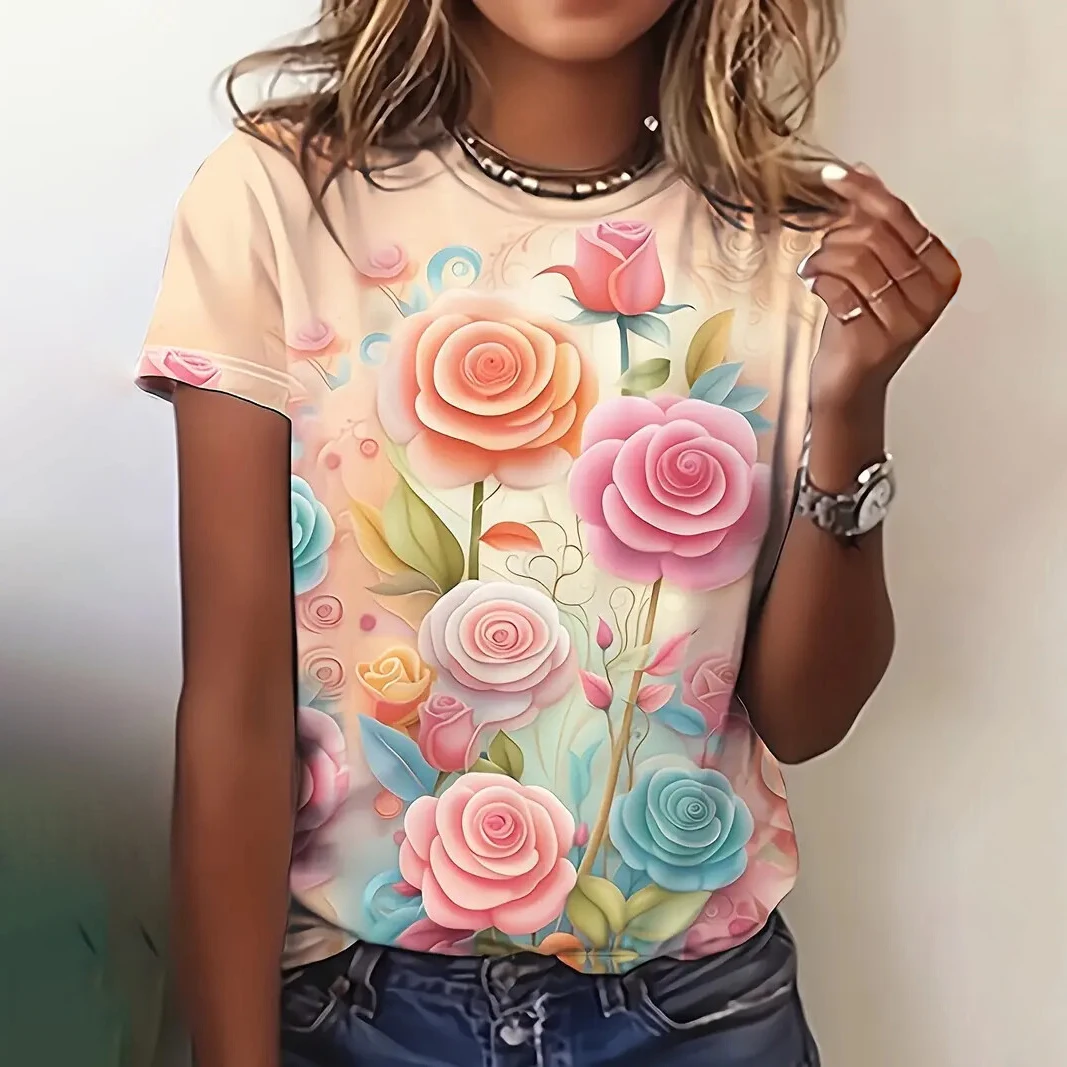 Flower Graphic T-Shirts Floral 3D Print Women's Casual O-Neck Short Sleeve T Shirt Street Y2k Harajuku Tees Tops Female Clothing