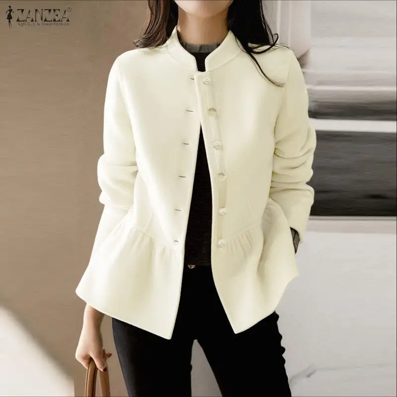 ZANZEA Winter Wollen Jassen Vrouwen Lange Mouw Stand Kraag Casual Jassen 2026 Mode Enkele Breasted Effen Tuniek Elegante Outwears