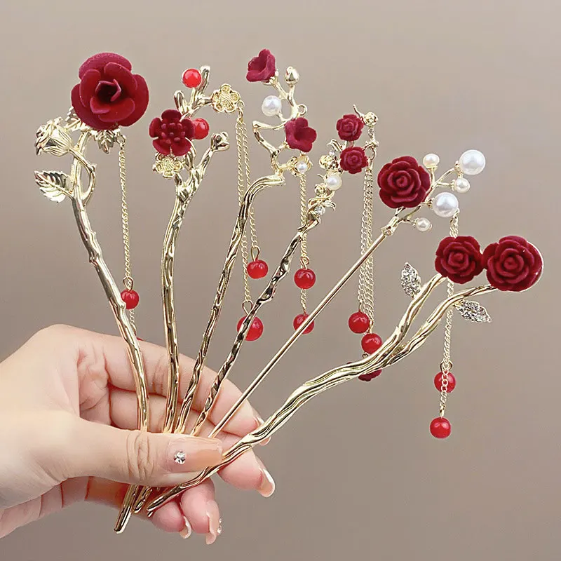 Chinese Red Rose U-shaped Hair Sticks For Women Metal Tassel Ponytail Hairpin New Year Hanfu Hair Accessories