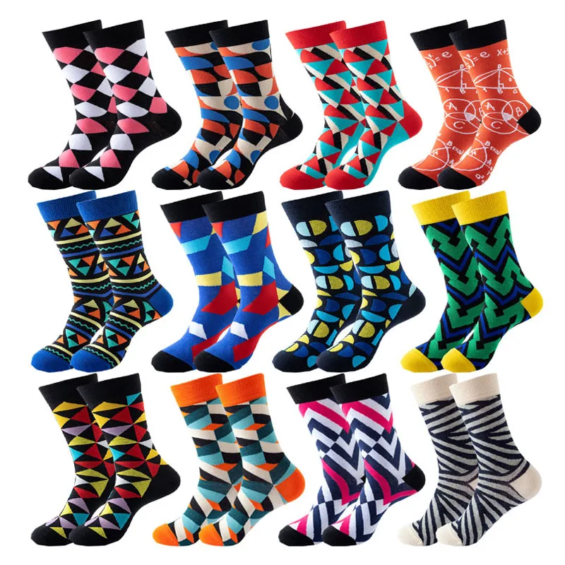 Men's Happy Funny Socks High-Quality Plaid Rhombus Geometric Figures Fashion Harajuku Sports Socks Christmas Gift Hot Selling