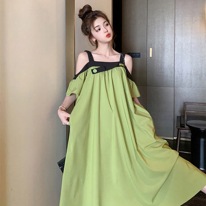 

Fashion Spliced Folds Pockets Loose Off Shoulder Slip Dress Female Clothing Summer New Oversized All-match Casual Dresses