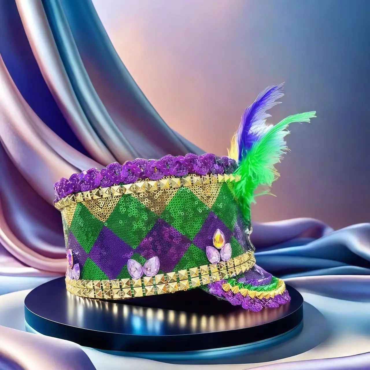 Carnival Bucket Hat Grenn and Purple Top Hat Rhinestone Rivet Chicken Feather Carnival  Top Hat Jazz Stage Hat Halloween Hat