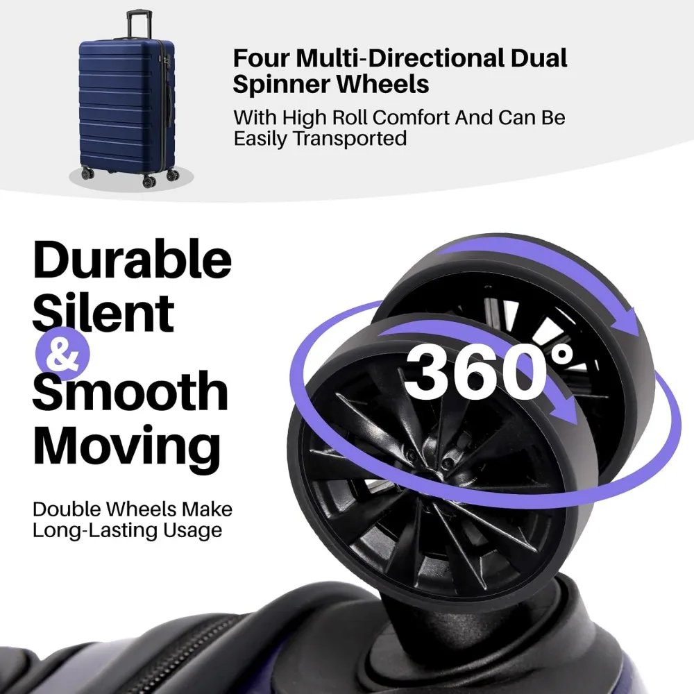 Lightweight ABS Hardside Luggage with USB, Wheels, TSA Lock - Large 28 Inch Dark Blue Checked-In Suitcase