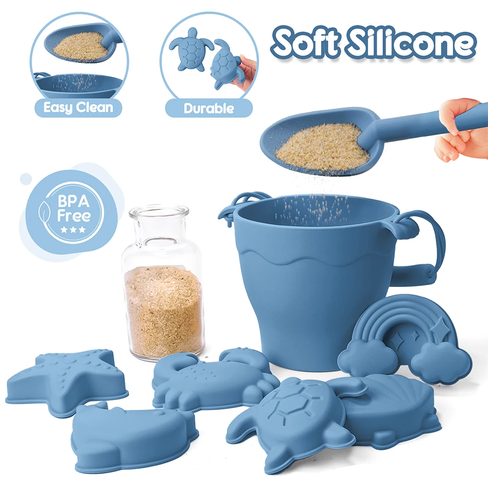 

8pcs Blue Sand Set Beach Toys BPA Free Food-Grade Silicone Fun Summer Outdoor Toys For Kids With Bucket