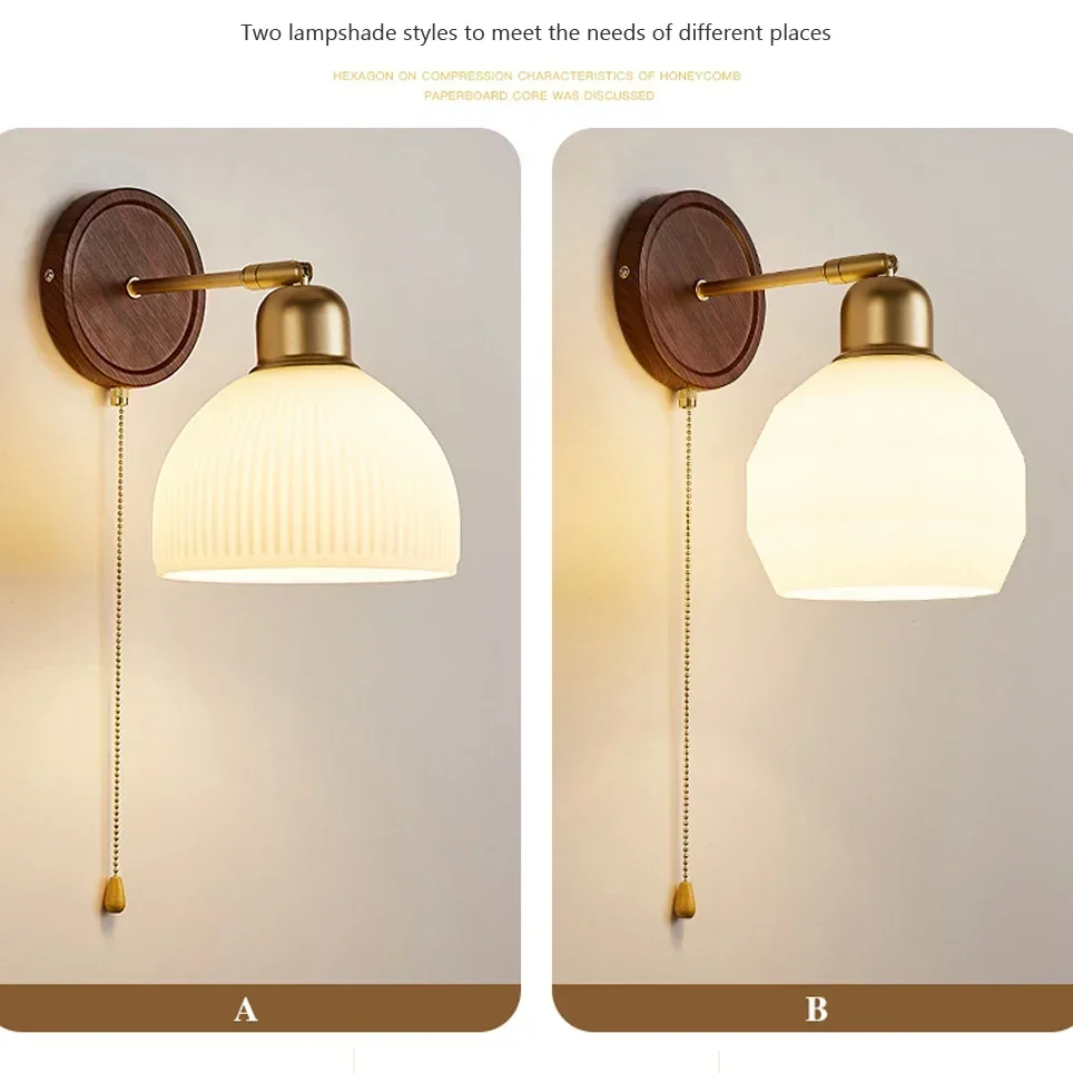 Nordic Glass Wall Lamps Bedside Gold Wooden Wall Light for Bedroom Hallway with Zipper Switch Decorative E27 Sconce Illumination