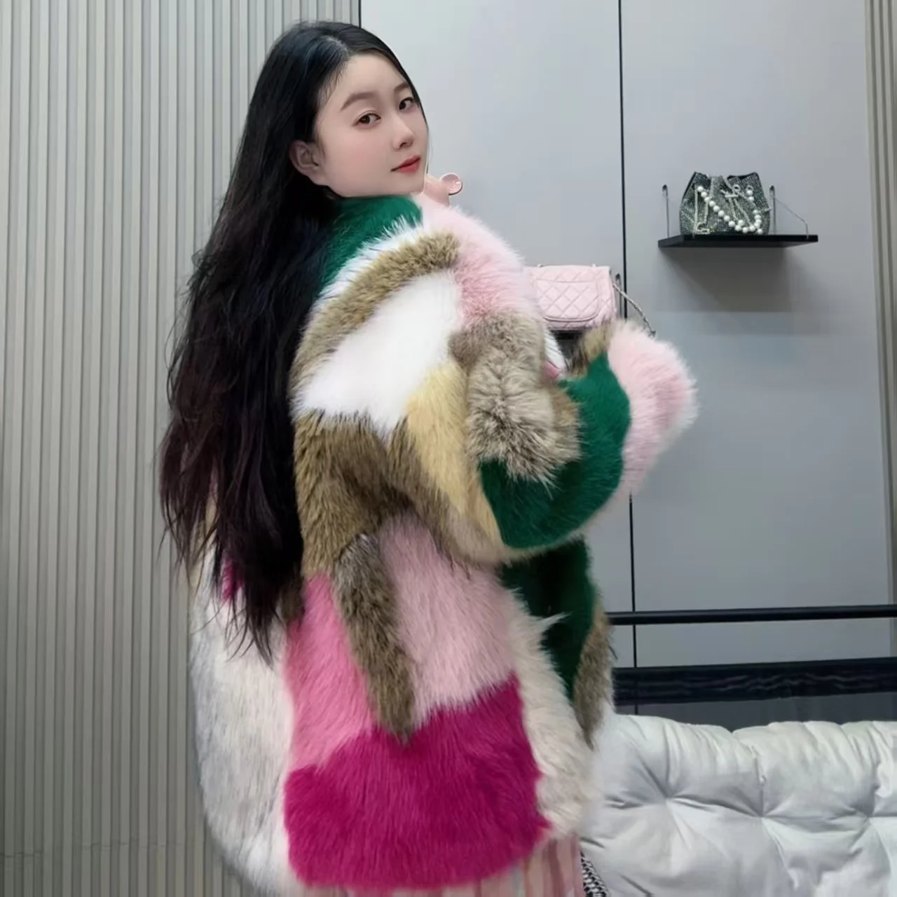 Faux Mink Fur Coats for Women,O-Neck Jackets,Color Blocking Overcoat,Female Clothes,Luxury,New,Autumn and Winter
