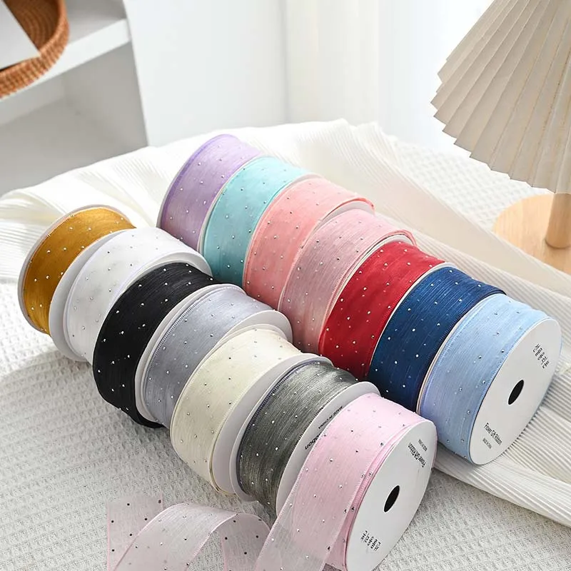 20Yards Roll 4CM Rhinestones Wrinkled Yarn Silk Ribbons Flower Gift Cake Box Packaging Material Bow DIY Straw Hat Tape