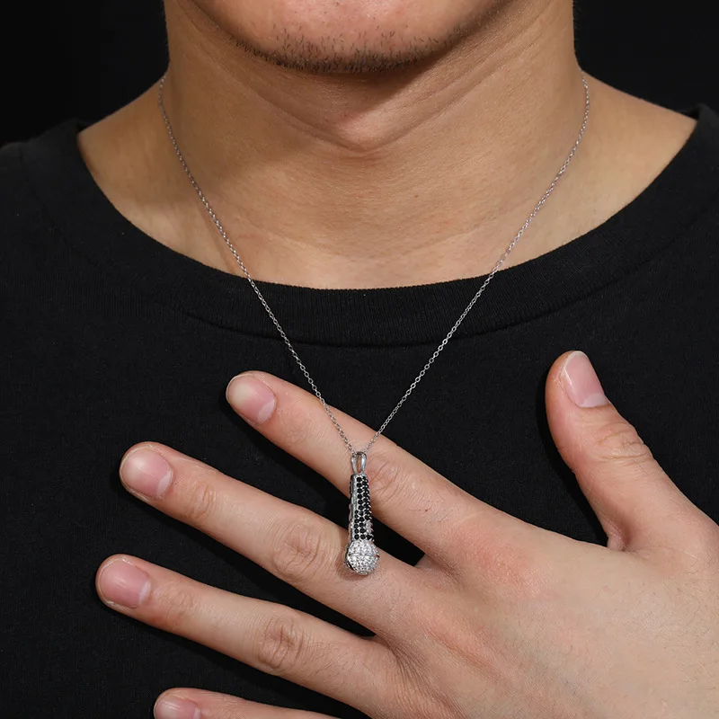 Iced Out Microphone Pendant Necklace, CZ Paved Mic Charm, Hip Hop Rapper Jewelry, Music Lover Gift, Gold/Silver Plated Option