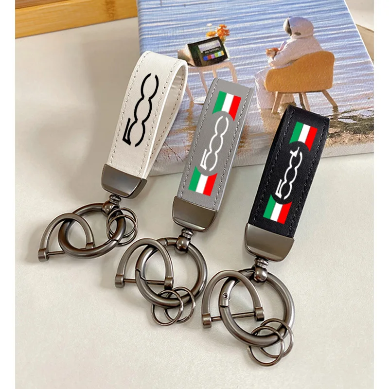 For Fiat 500 500L 500X 500C Car Accessories Top Layer Cowhide Key Chain Keyrings Lanyard Custom Logo For 500 500L 500X 500C Fiat