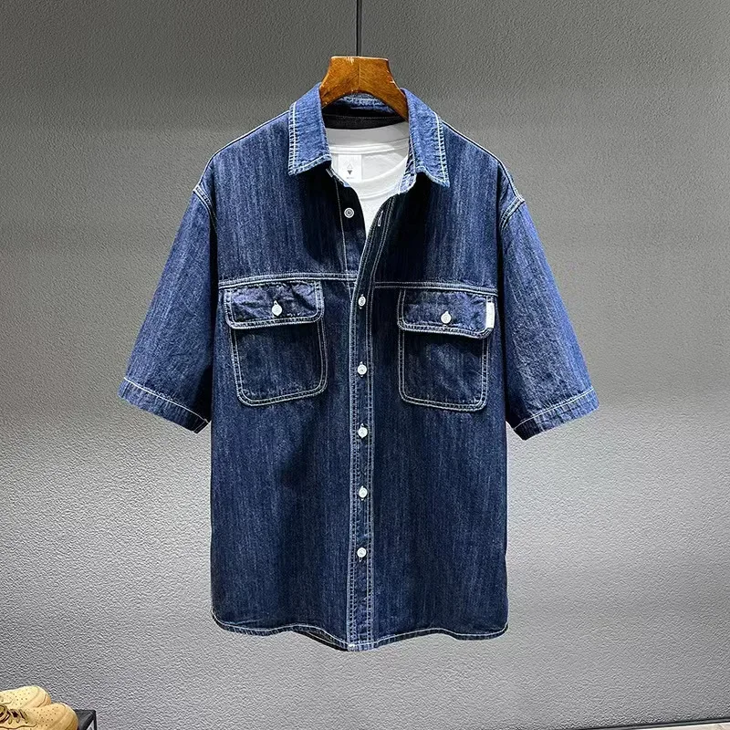 Summer New Men\'s Denim Short-sleeved Shirt Retro Large Size Tooling Loose Casual Denim Tops All-match 7XL 8XL