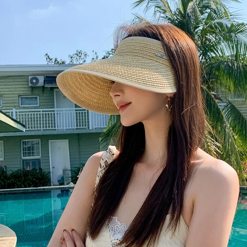 

New straw-woven open-top hat women's wide-brimmed and UV-blocking outdoor face cover