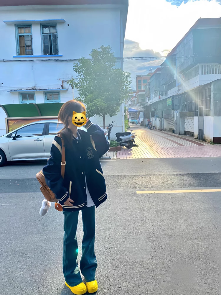 

Baseball Jackets In Pink With White Womens Spring Short Spliced Thicker Button-Down Basic Holiday Flaps Glossy Batwing Illusion