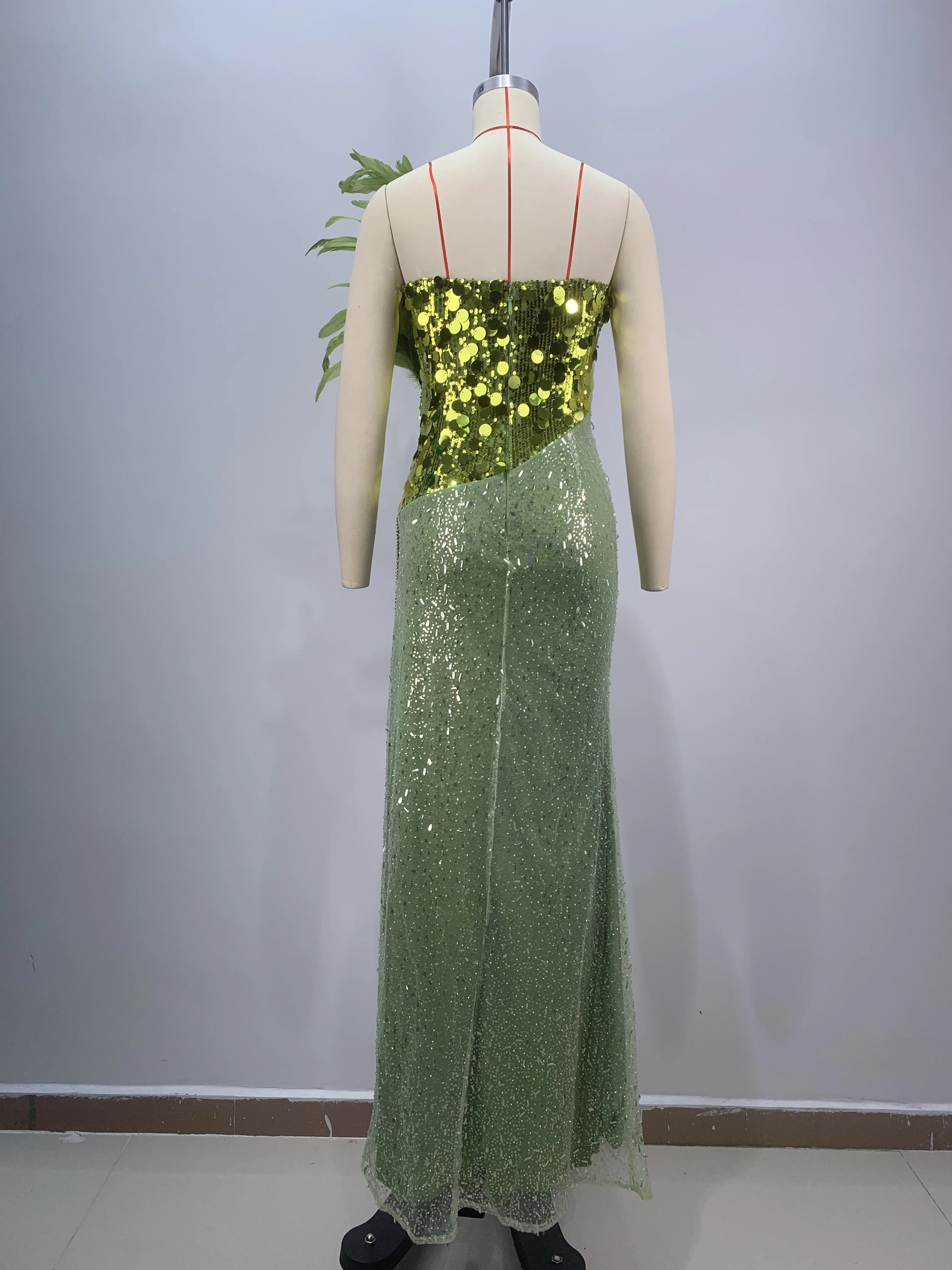 European And American Foreign Trade Sexy Matcha Wrapped Chest Feathers Decorated Sequin Diamond Decorated Long Dress