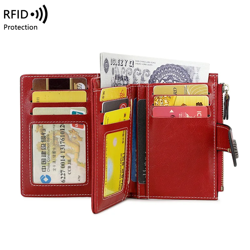 Retro RFID Anti-Theft Leather Wallet Multi-Card Zipper Bifold Purse Credit Card Holder Multi-Functional Coin Wallet