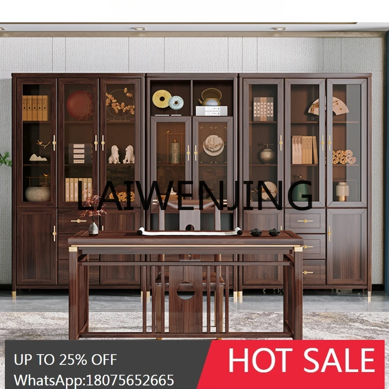 Solid Wood Free Combined Bookcase Chinese Study Storage Rack Living Room with Lockers with Glass Door