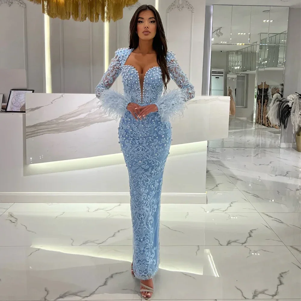 

Light Blue Pearls Evening Dress Luxury 2025 Mermaid Beaded Lace Long Sleeves with Feather Ankle Length Cocktail Party Gown Prom