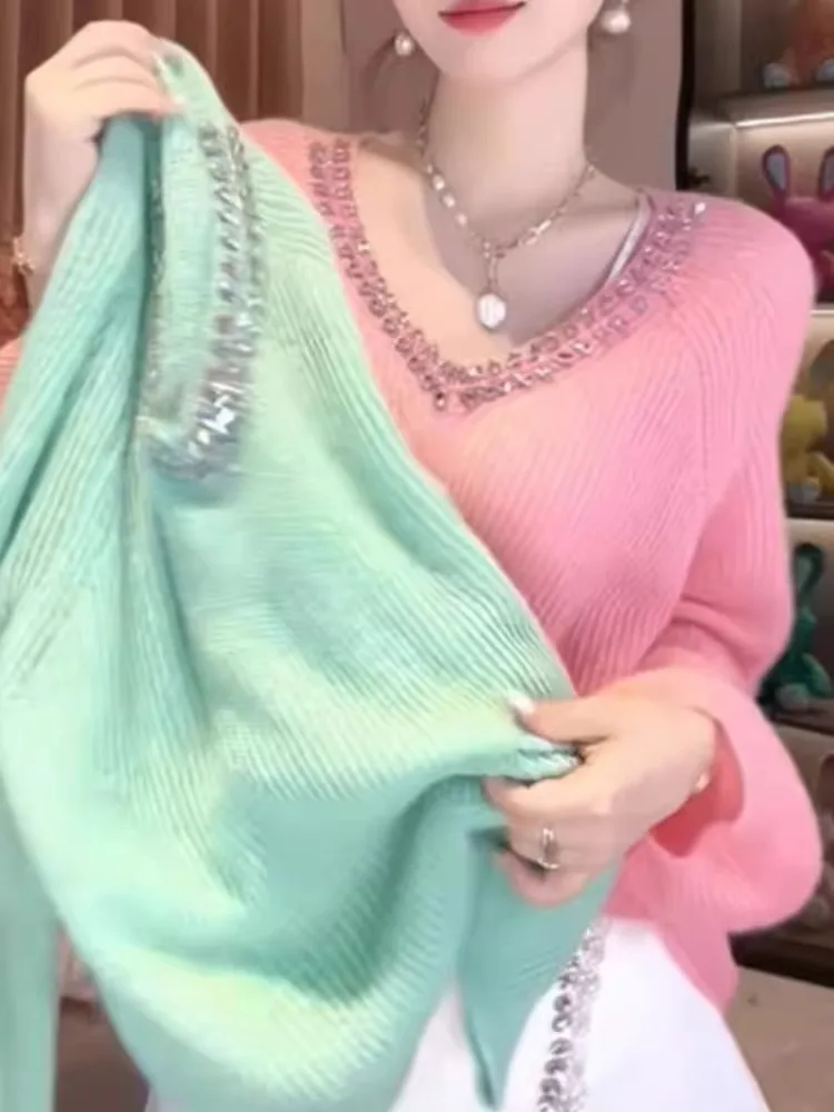 ملابس تريكو نسائية مطلية بالألماس على شكل حرف V طويلة Sve قابلة للتنقل وفضفاضة من مزيج الصوف بتصميم جميل وصديق للتنقل #3