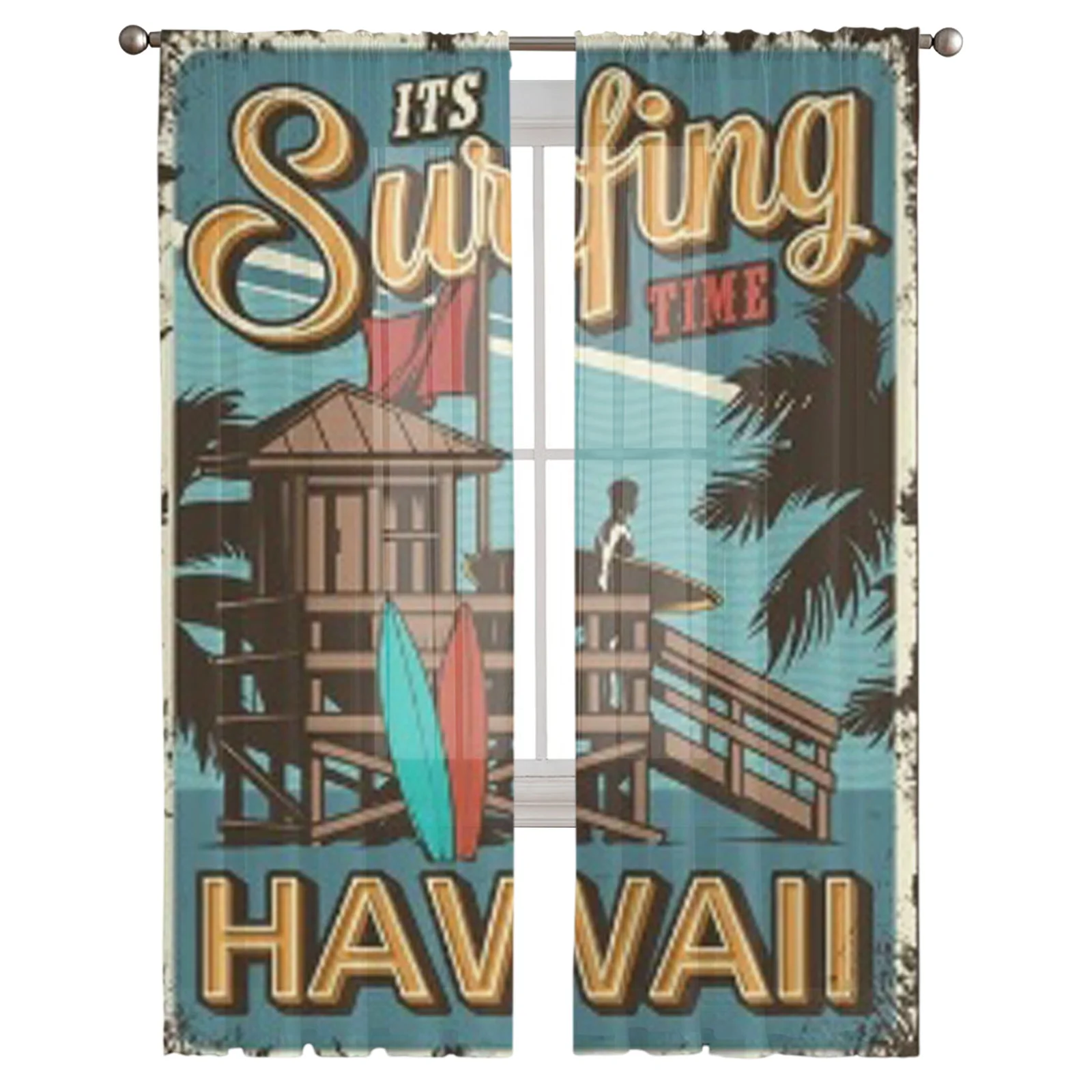 Vintage Surfing Time Poster With Surfer Sheer Curtains for Living Room Tulle Window Curtain Bedroom Kitchen Veil Drapes