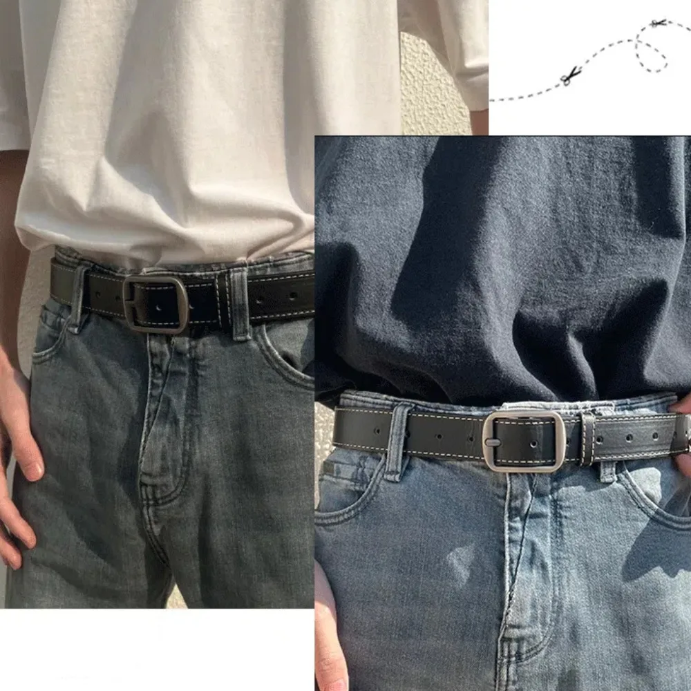 Fashion Korean Style Men Wide Belt Texture Alloy PU Leather Belt Buckle Sewn Jeans Waistband Ornament