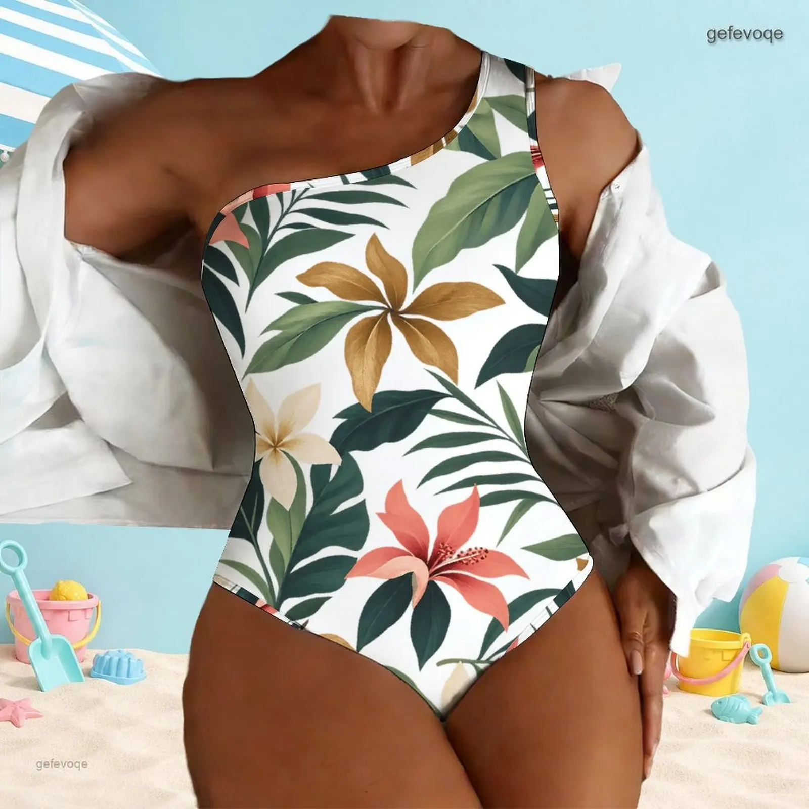 Women Asymmetric One Shoulder Sleeveless One Piece Swimsuit, Tropical Floral Leaf Print