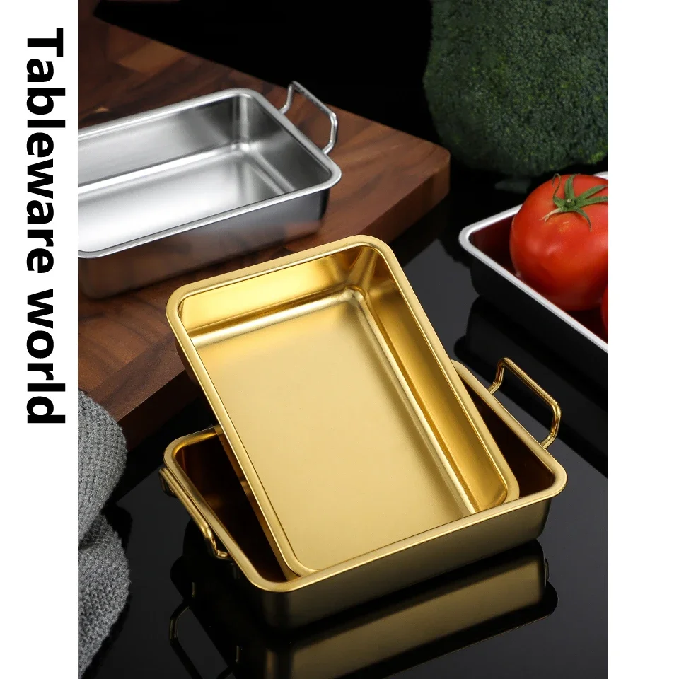 304 Double Ear Square Plate Golden Stainless Steel Fried Chicken Plate Restaurant Creative Snack Candy Fruit Gold Serving Tray