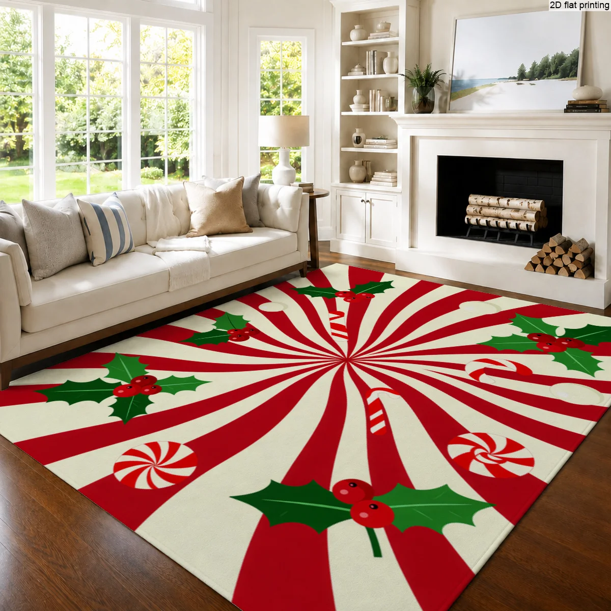 1pc Large Red White Radial Striped Rug, Candy Cane & Holly Berry Pattern, Home Decor Mat for Living Room, Bedroom