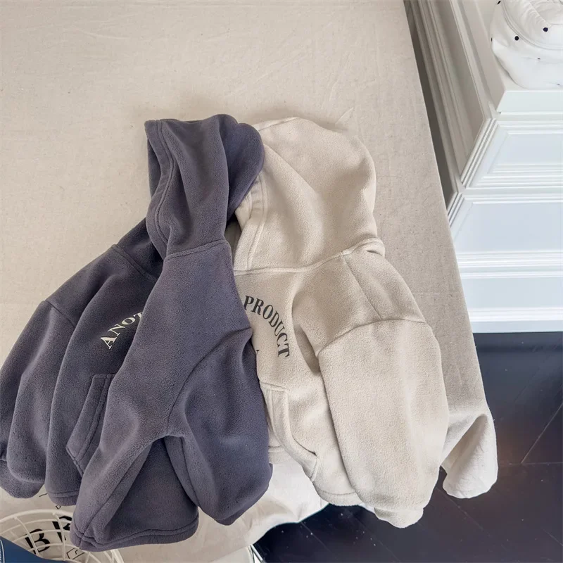New Winter Baby Boys Letter Printed Hooded Korean Style Toddlers Kids Casual Velvet Pullovers Tops