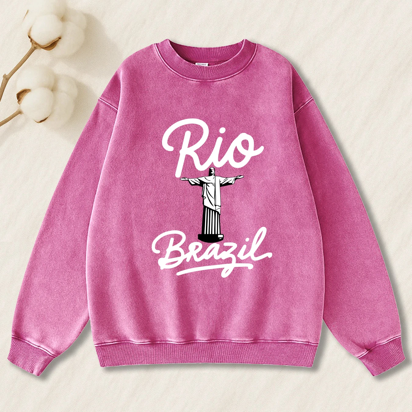 Rio Christ The Redeemer Brazil Print Male Washed Cotton Long Sleeve Warm Autumn Pullover Hip Hop Crewneck Loose Hoodless Shirt