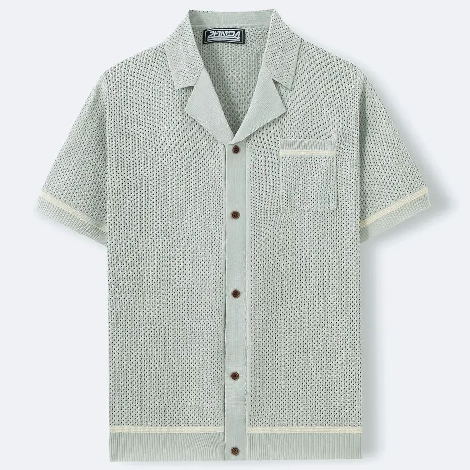 American European Men's New Fashion Hot Hollowed Out Single-breasted Cardigans Shirts Casual Trendy Short Sleeve Shirts Male