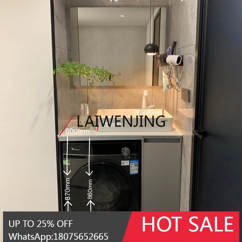 

small apartment bathroom drum washing machine integrated cabinet rock slab table sink floor customization