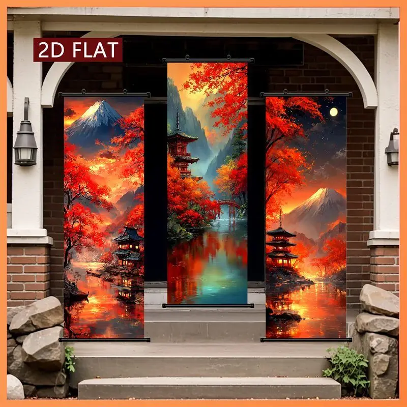 VIKAMA Red Maple Fuji Mountain Wall Tapestry Pagoda Bridge Sunset Water Scroll Art Home Decor Charming Soft Durable Cozy Gift