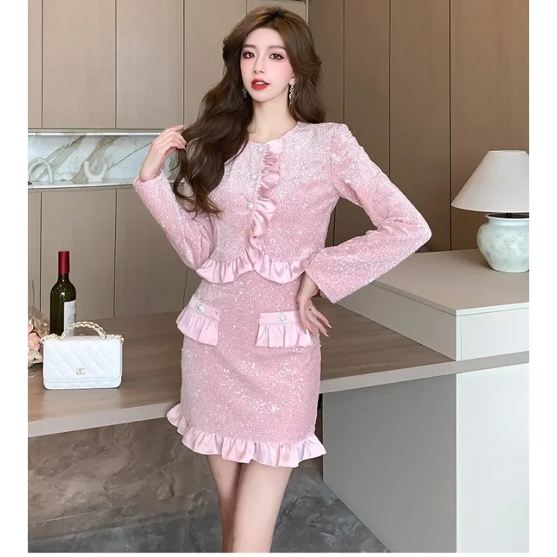 UNXX Small Fragrance Autumn Winter Luxury Ruffles Sequin Tweed Woolen Short Jacket Coat + Mini Skirt Set Women Two Piece Outfits