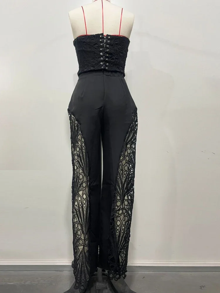 BWQ elegante ahueca hacia fuera el pecho de encaje Croset tubo superior y pantalones de piernas anchas conjunto de chándales de encaje para mujer conjunto Palazzo ropa Sexy para discoteca