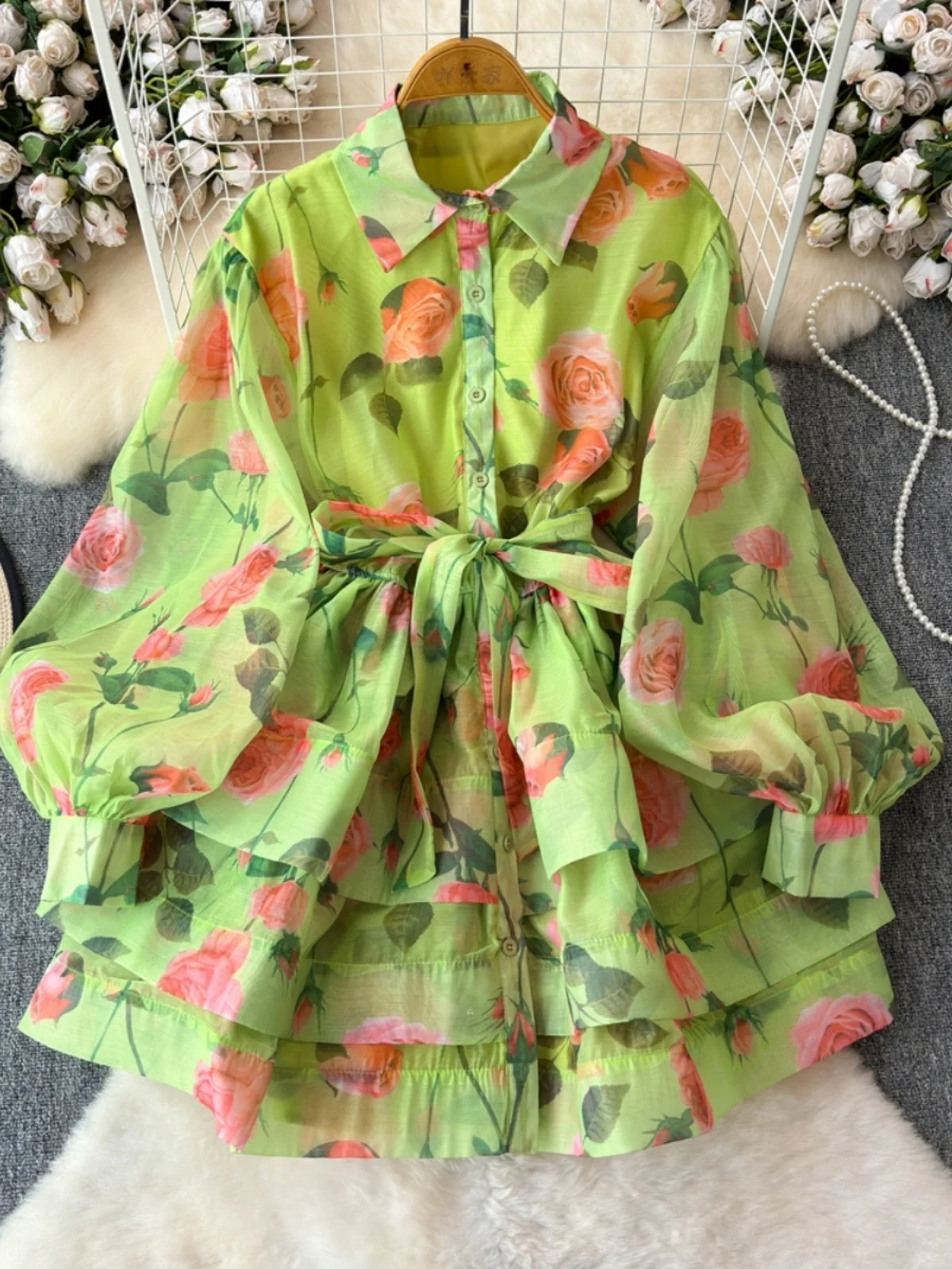 

Retro Bow Waist Printed Ruffle Hem ort irt Women Ele Summer Dr Korean Sle Button High Waist Lantern Sve Cake ...