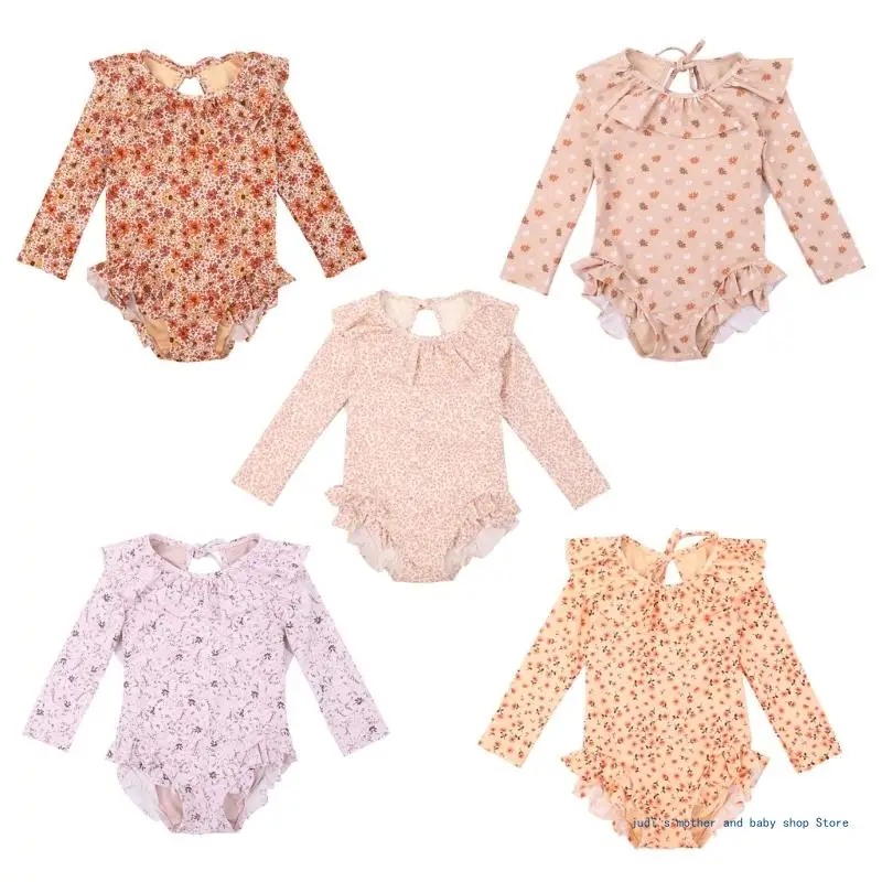 

67JC Baby Swimwear UPF50+ One-pieced Swimsuit Long Sleeves Ruffle Edges Bathing Suit