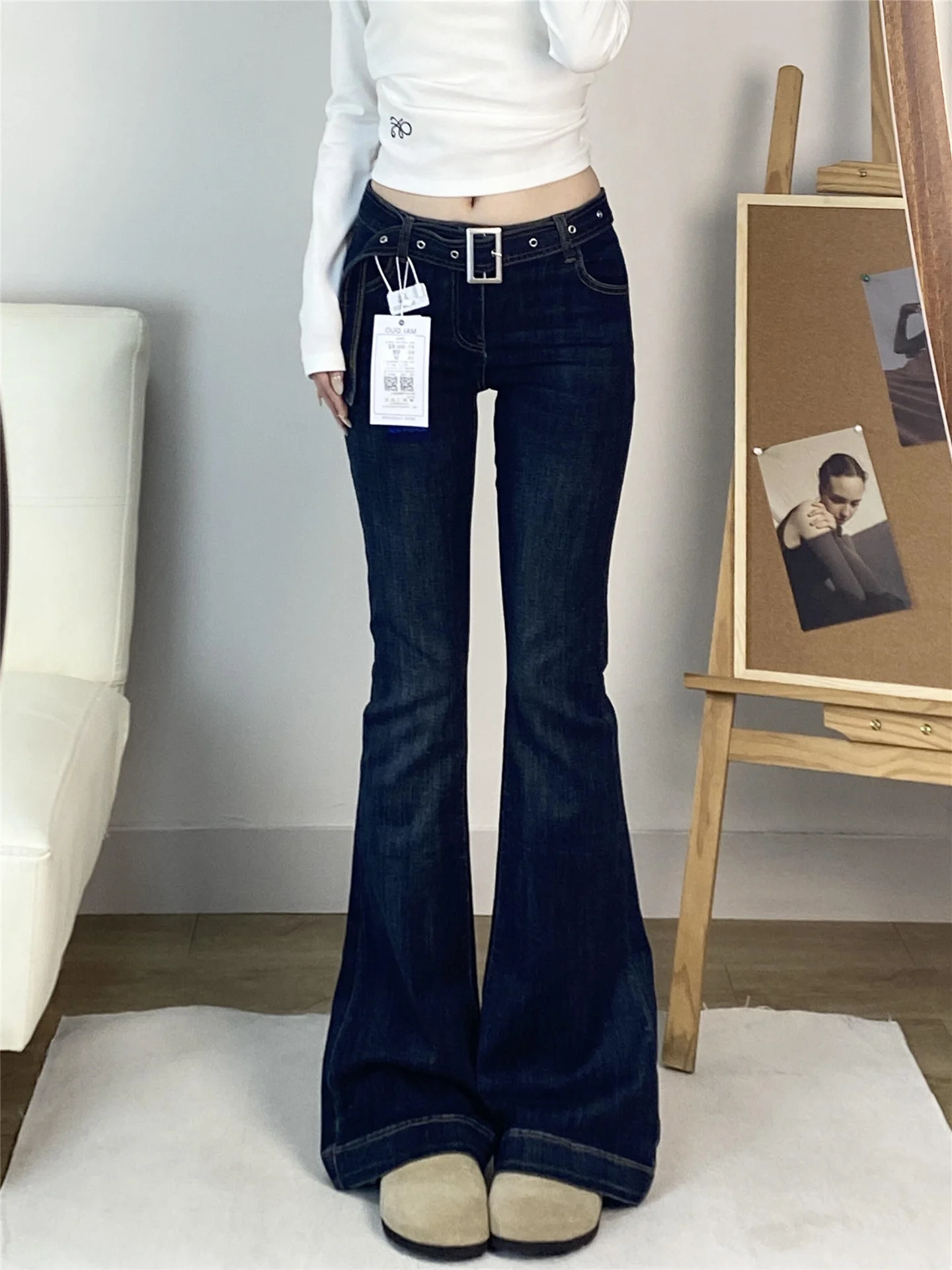 

Extended Length Slim Fit Low Waist Bell Bottom Jeans Deep Blue Women's Vintage Style Comfortable Cotton Spring Season Fashion