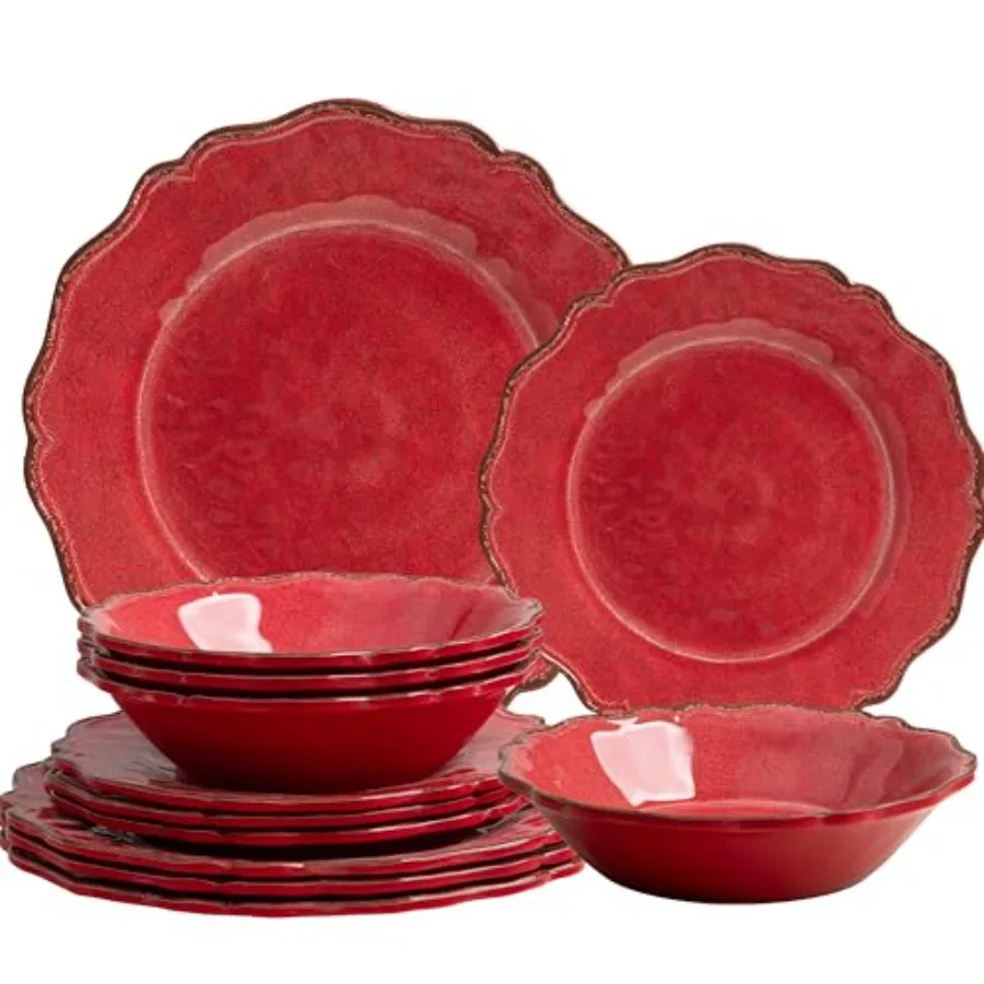 Juego de vajilla de melamina Farmhouse de 12 piezas para uso en interiores y exteriores, vajilla rústica con tazones y platos para cena/postre