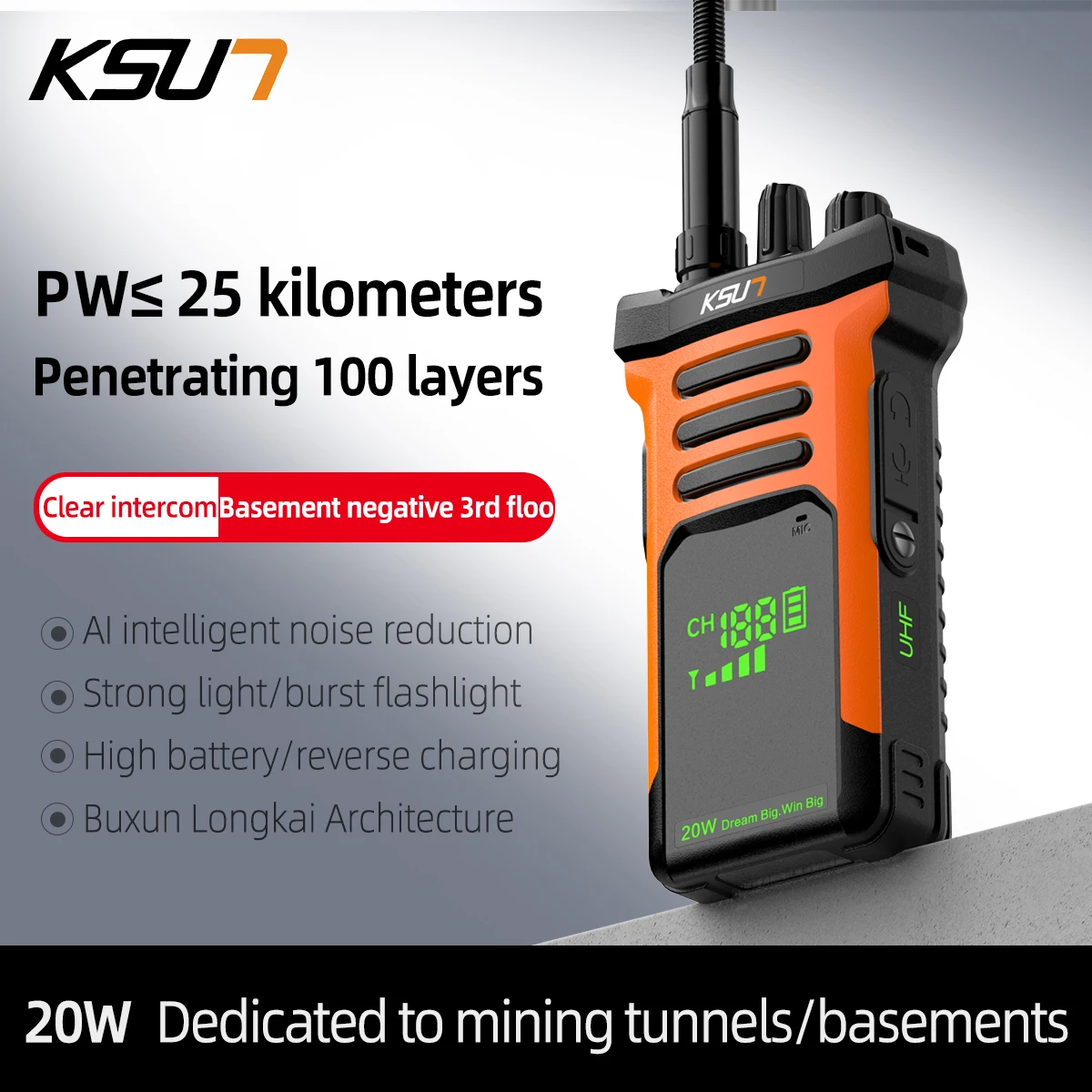 

Professional Walkie Talkie Long Range Portable Two Way Radio Station UHF Transceiver For Tunnel Engineering 20 Watt Walkie Talki