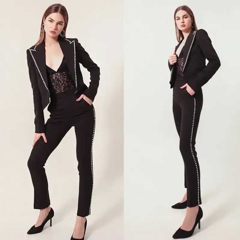 Crystal Beads Women Blazer Sets Short Jacket Lady Graduation Ceremony Attire Birthday Party Wear 2 Pieces Customized