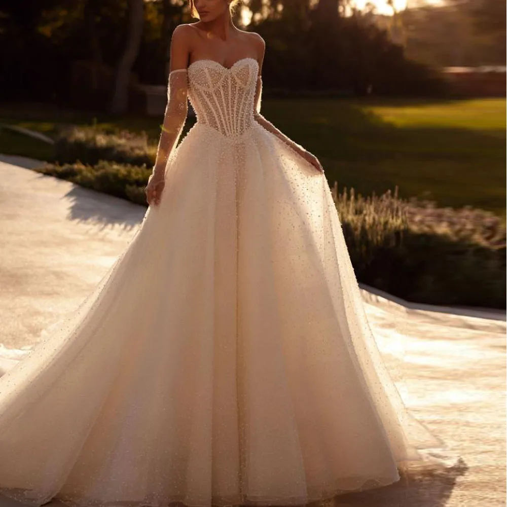 

Customized Pearls Corset Wedding Dress for Bridal Sweetheart Illusion A Line Wedding Gowns Tulle Skirt vestidos de novia